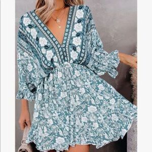 New Boho Floral Tie Back Clinched Cuff Short Dress